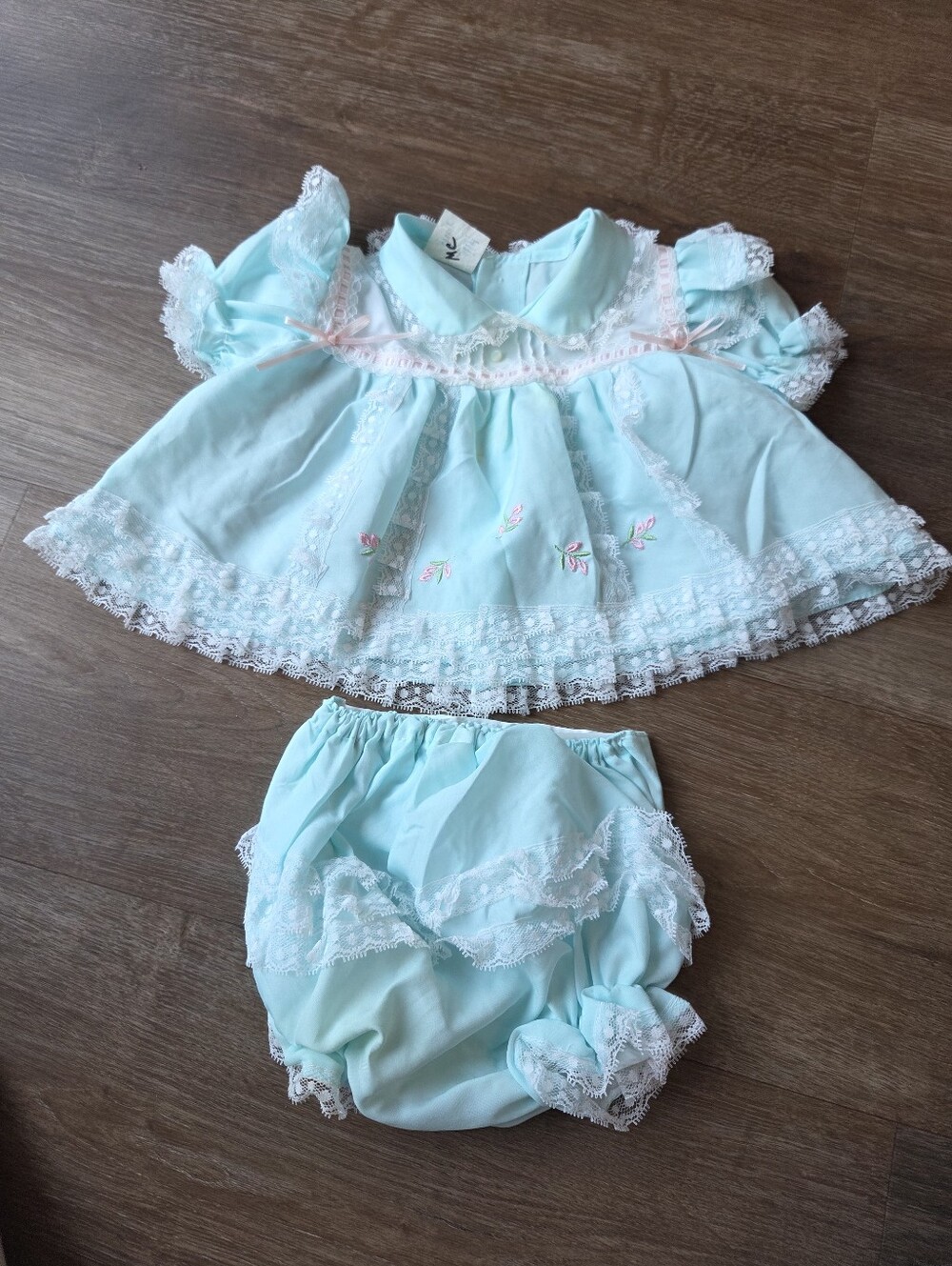Vintage 80s Baby Girl Blue Lace Frilly Dress and Bloomers Set size 3-6M